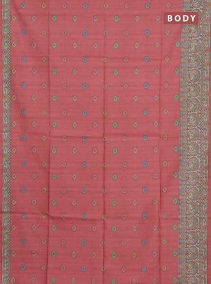 Semi tussar saree peach pink and beige with allover butta prints and madhubani printed pallu & border