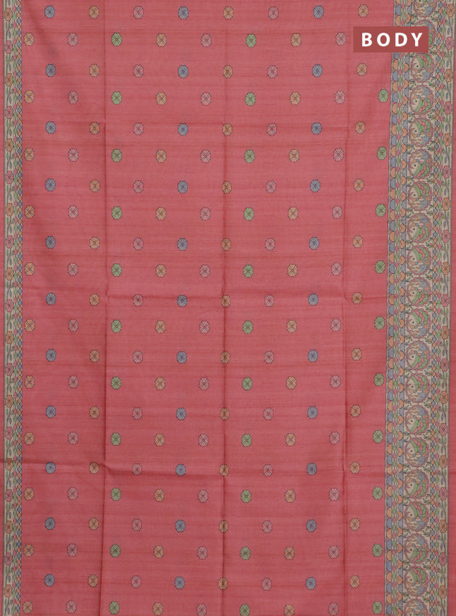 Semi tussar saree peach pink and beige with allover butta prints and madhubani printed pallu & border