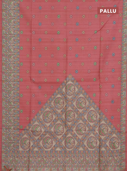Semi tussar saree peach pink and beige with allover butta prints and madhubani printed pallu & border