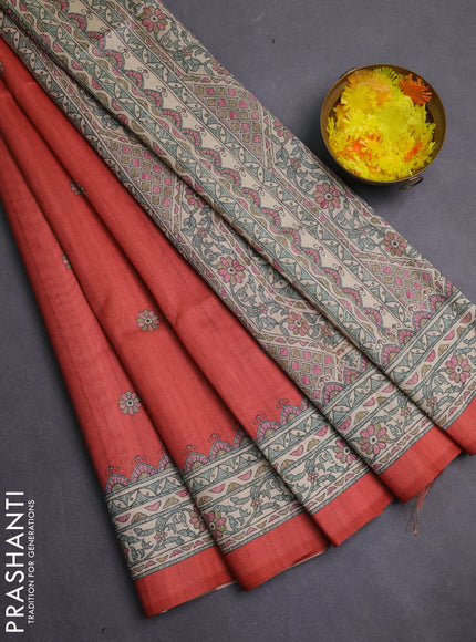 Semi tussar saree red and beige with allover butta prints and madhubani printed pallu & border