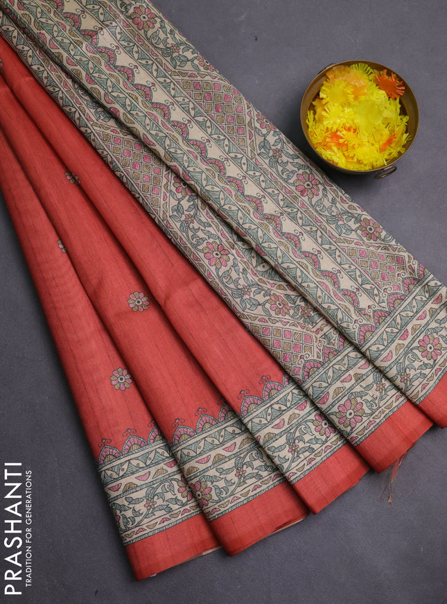 Semi tussar saree red and beige with allover butta prints and madhubani printed pallu & border