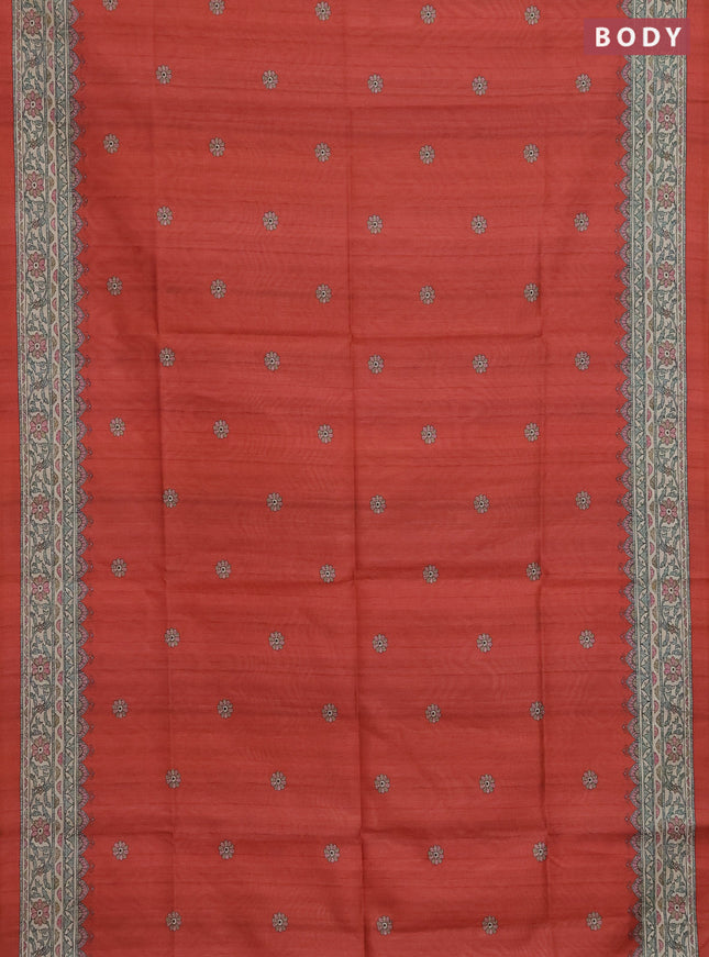 Semi tussar saree red and beige with allover butta prints and madhubani printed pallu & border