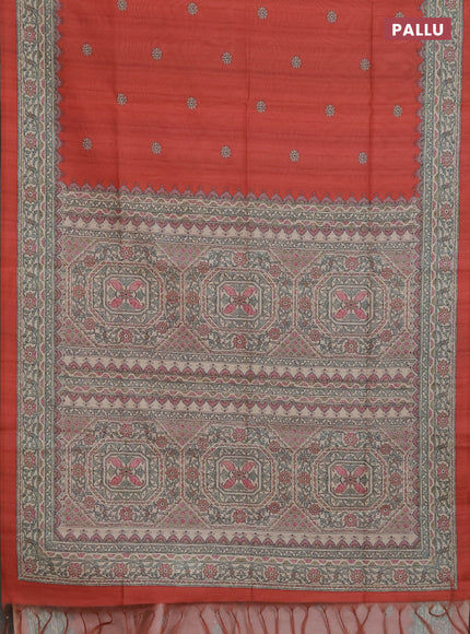 Semi tussar saree red and beige with allover butta prints and madhubani printed pallu & border