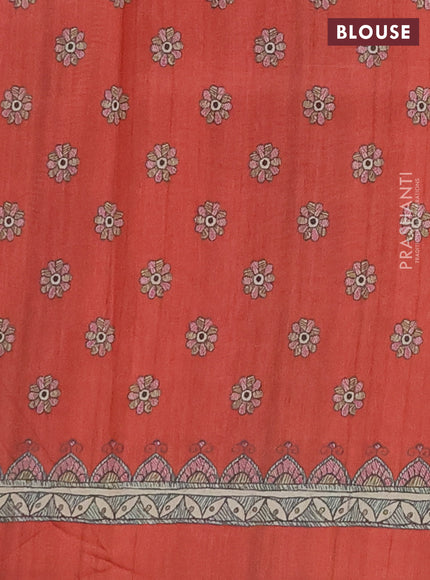 Semi tussar saree red and beige with allover butta prints and madhubani printed pallu & border