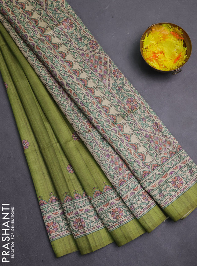 Semi tussar saree light green and beige with allover butta prints and madhubani printed pallu & border