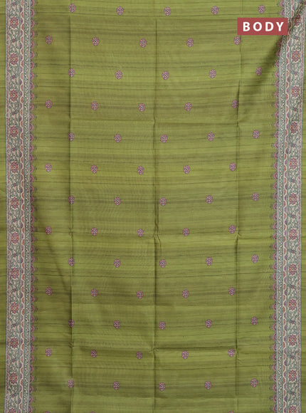 Semi tussar saree light green and beige with allover butta prints and madhubani printed pallu & border