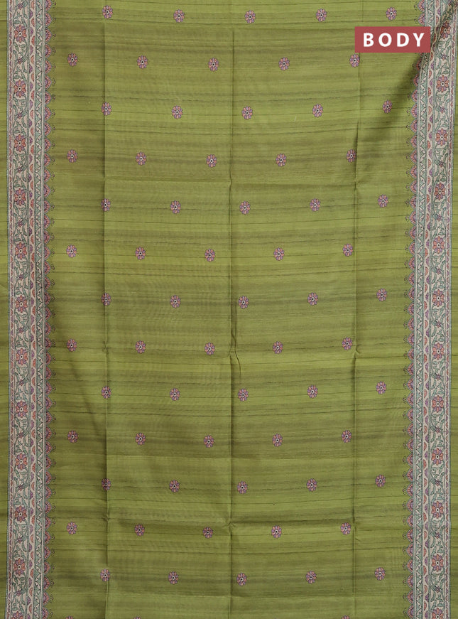 Semi tussar saree light green and beige with allover butta prints and madhubani printed pallu & border