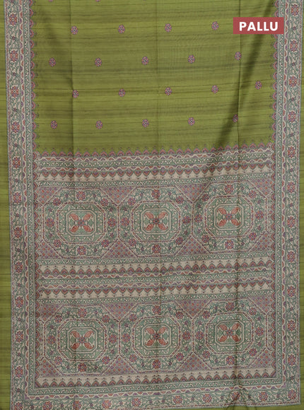 Semi tussar saree light green and beige with allover butta prints and madhubani printed pallu & border