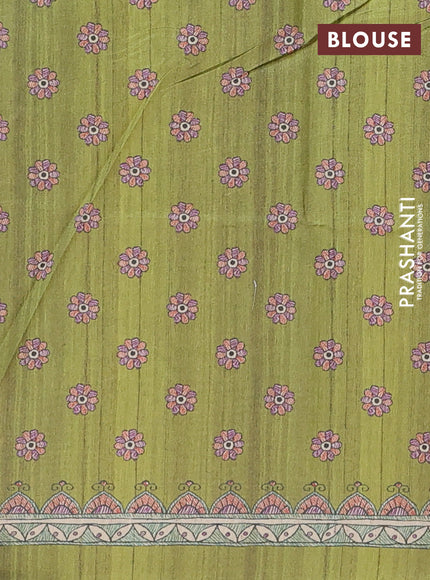 Semi tussar saree light green and beige with allover butta prints and madhubani printed pallu & border