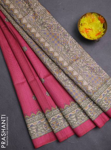 Semi tussar saree pink and beige with allover butta prints and madhubani printed pallu & border