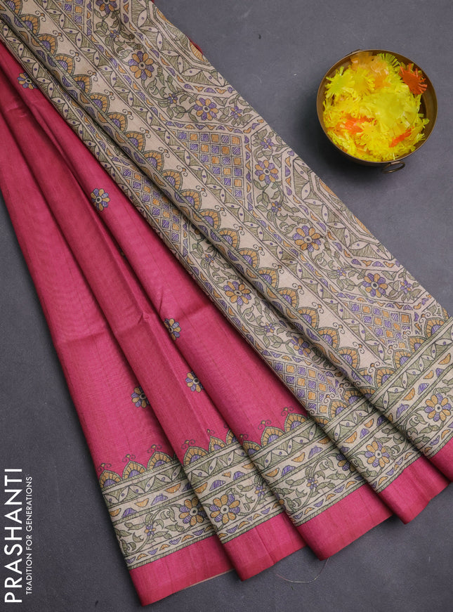 Semi tussar saree pink and beige with allover butta prints and madhubani printed pallu & border