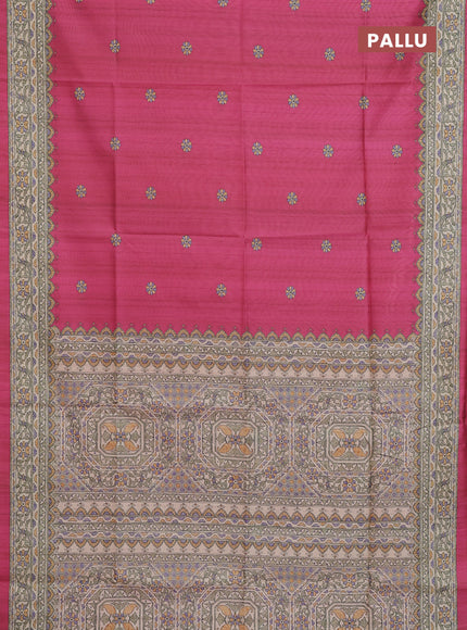 Semi tussar saree pink and beige with allover butta prints and madhubani printed pallu & border