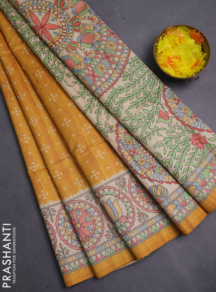 Semi tussar saree mustard yellow and beige with allover bandhani prints and madhubani printed pallu & border
