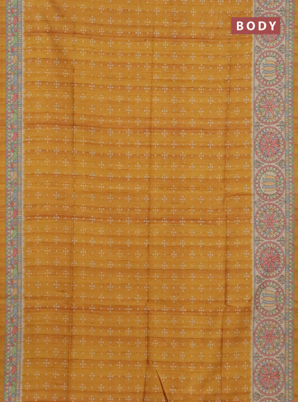 Semi tussar saree mustard yellow and beige with allover bandhani prints and madhubani printed pallu & border