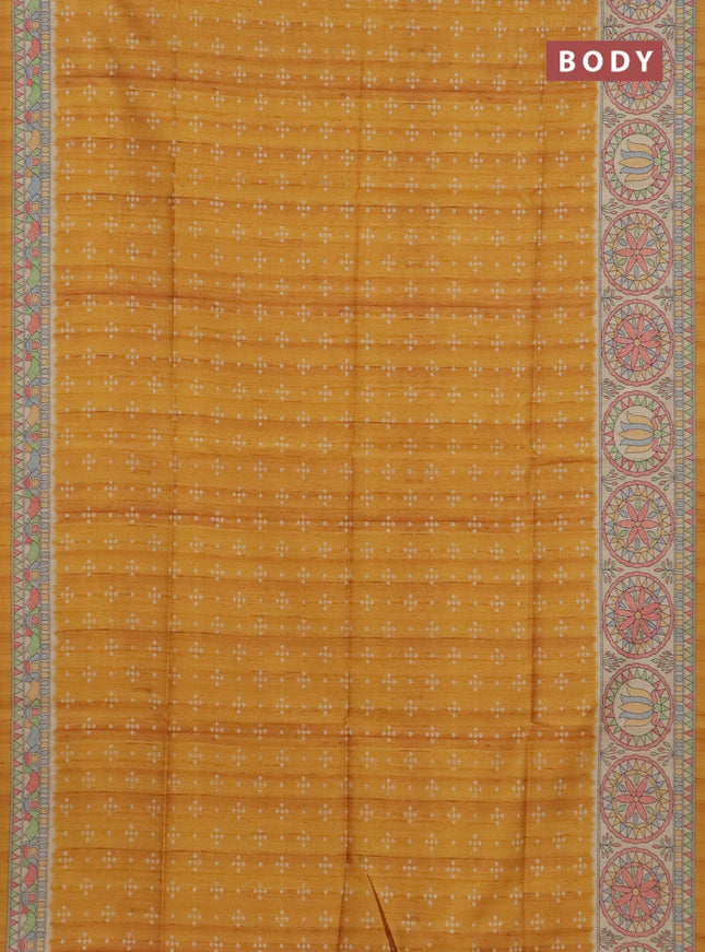 Semi tussar saree mustard yellow and beige with allover bandhani prints and madhubani printed pallu & border