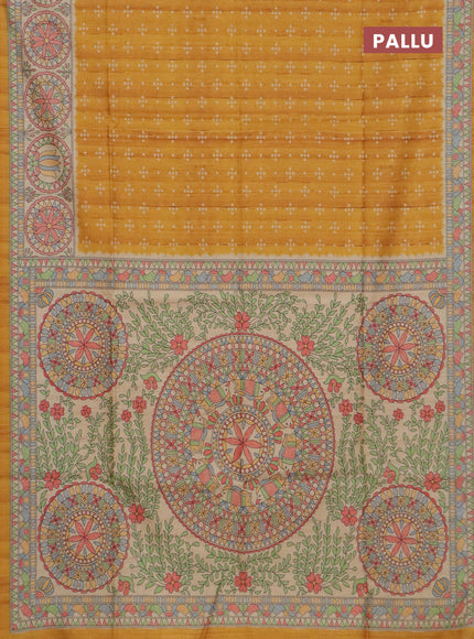 Semi tussar saree mustard yellow and beige with allover bandhani prints and madhubani printed pallu & border