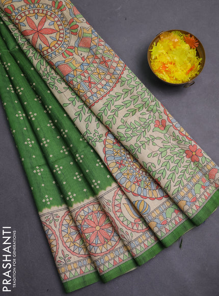 Semi tussar saree green and beige with allover bandhani prints and madhubani printed pallu & border