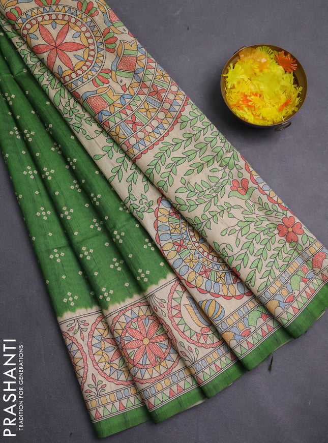 Semi tussar saree green and beige with allover bandhani prints and madhubani printed pallu & border