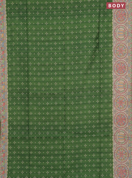 Semi tussar saree green and beige with allover bandhani prints and madhubani printed pallu & border