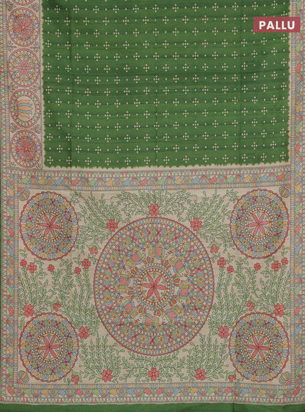 Semi tussar saree green and beige with allover bandhani prints and madhubani printed pallu & border