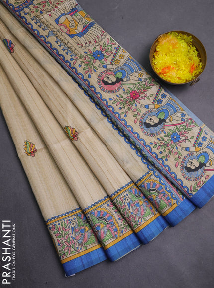 Semi tussar saree blue and cream with allover butta prints and madhubani printed pallu & border