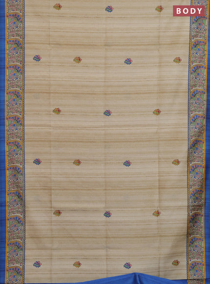 Semi tussar saree blue and cream with allover butta prints and madhubani printed pallu & border
