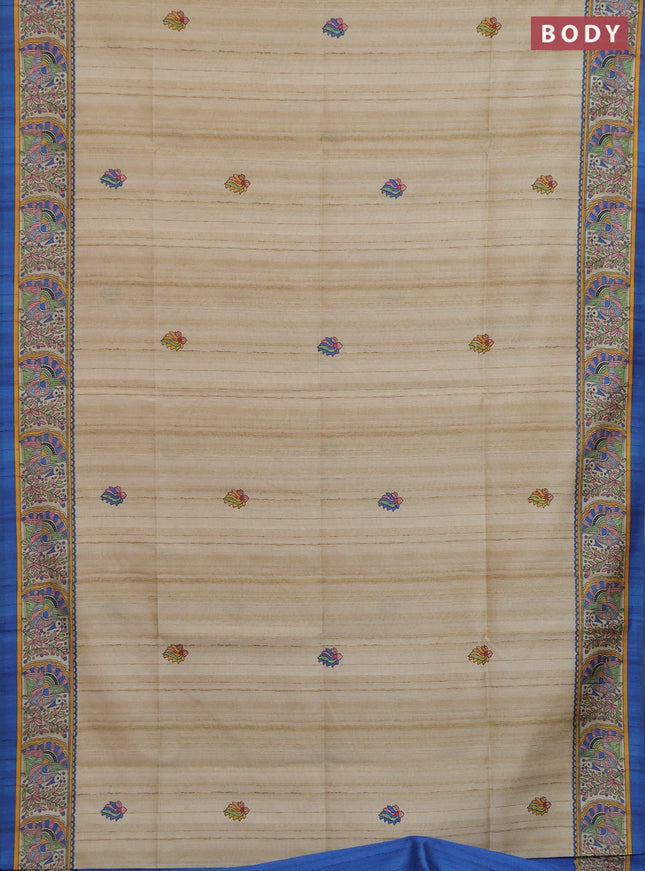 Semi tussar saree blue and cream with allover butta prints and madhubani printed pallu & border