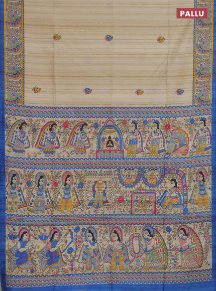 Semi tussar saree blue and cream with allover butta prints and madhubani printed pallu & border