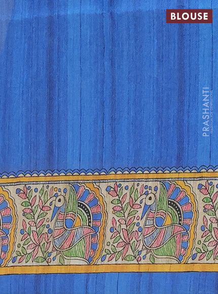 Semi tussar saree blue and cream with allover butta prints and madhubani printed pallu & border