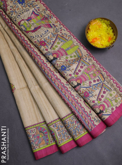 Semi tussar saree purple and cream with allover butta prints and madhubani printed pallu & border