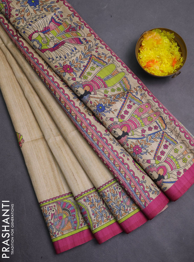 Semi tussar saree purple and cream with allover butta prints and madhubani printed pallu & border