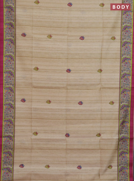 Semi tussar saree purple and cream with allover butta prints and madhubani printed pallu & border