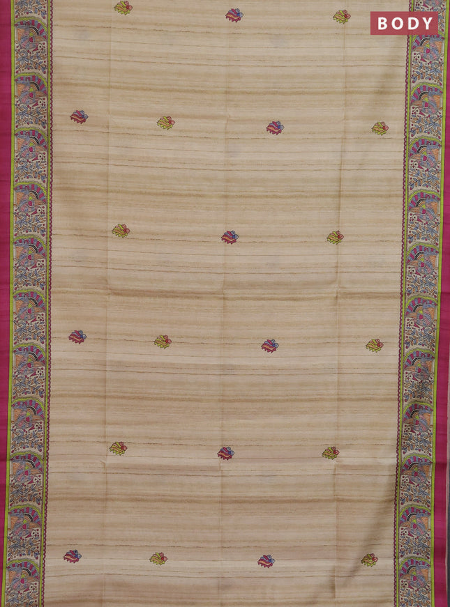 Semi tussar saree purple and cream with allover butta prints and madhubani printed pallu & border