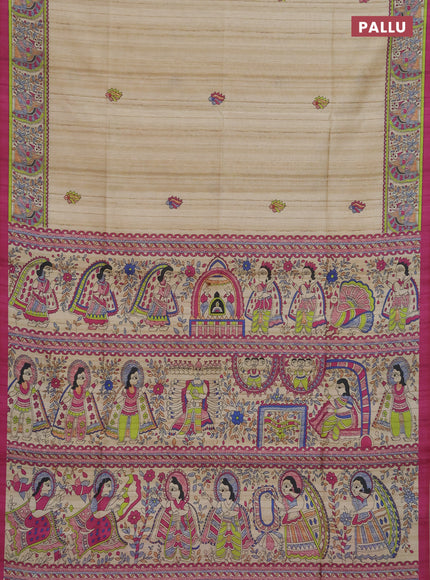 Semi tussar saree purple and cream with allover butta prints and madhubani printed pallu & border
