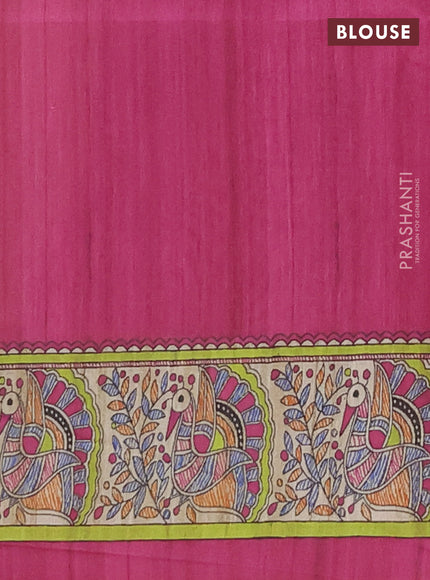 Semi tussar saree purple and cream with allover butta prints and madhubani printed pallu & border