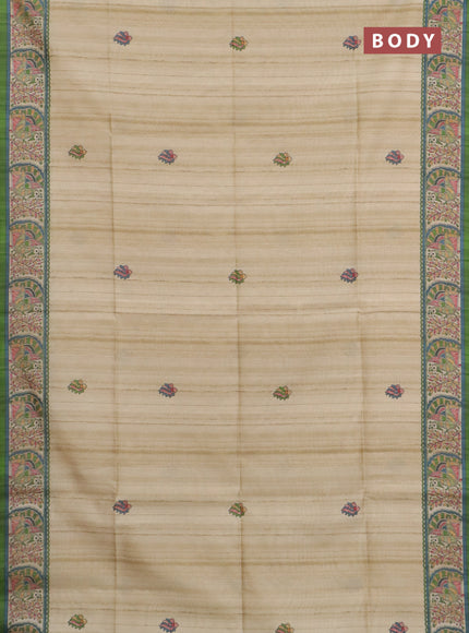Semi tussar saree light green and cream with allover butta prints and madhubani printed pallu & border
