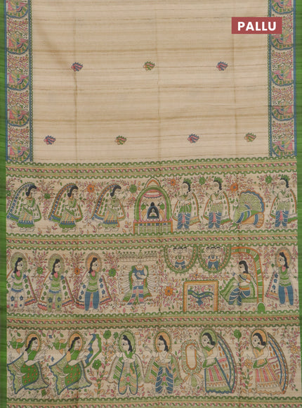Semi tussar saree light green and cream with allover butta prints and madhubani printed pallu & border