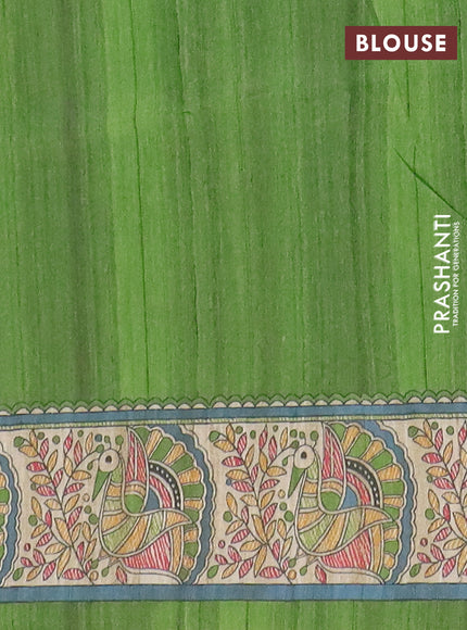 Semi tussar saree light green and cream with allover butta prints and madhubani printed pallu & border