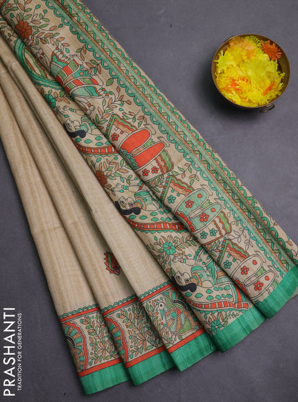 Semi tussar saree green and cream with allover butta prints and madhubani printed pallu & border