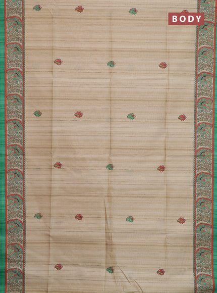 Semi tussar saree green and cream with allover butta prints and madhubani printed pallu & border