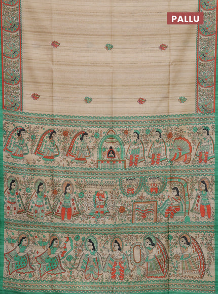 Semi tussar saree green and cream with allover butta prints and madhubani printed pallu & border