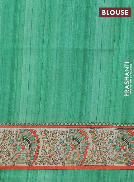 Semi tussar saree green and cream with allover butta prints and madhubani printed pallu & border