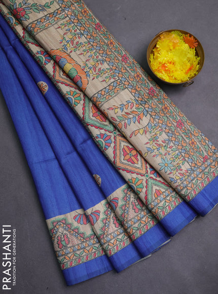 Semi tussar saree blue and cream with butta prints and madhubani printed pallu & border