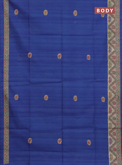Semi tussar saree blue and cream with butta prints and madhubani printed pallu & border
