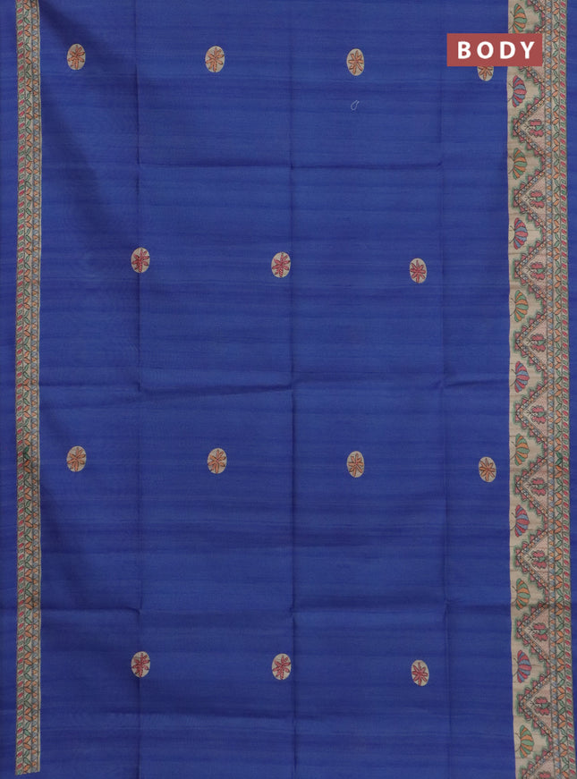 Semi tussar saree blue and cream with butta prints and madhubani printed pallu & border