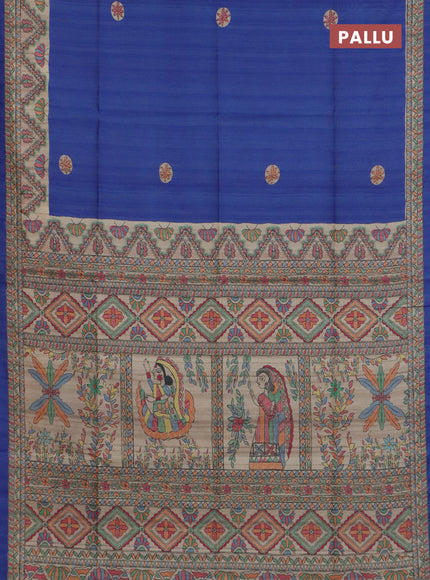 Semi tussar saree blue and cream with butta prints and madhubani printed pallu & border