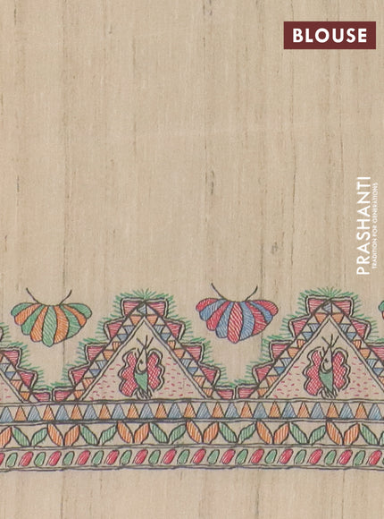 Semi tussar saree blue and cream with butta prints and madhubani printed pallu & border