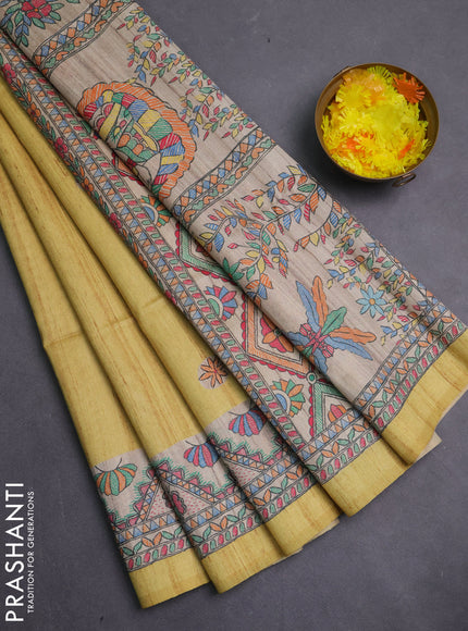 Semi tussar saree mustard yellow and cream with butta prints and madhubani printed pallu & border