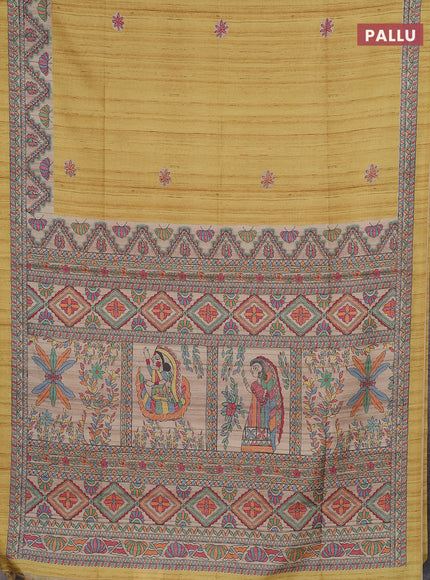 Semi tussar saree mustard yellow and cream with butta prints and madhubani printed pallu & border