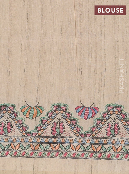 Semi tussar saree mustard yellow and cream with butta prints and madhubani printed pallu & border